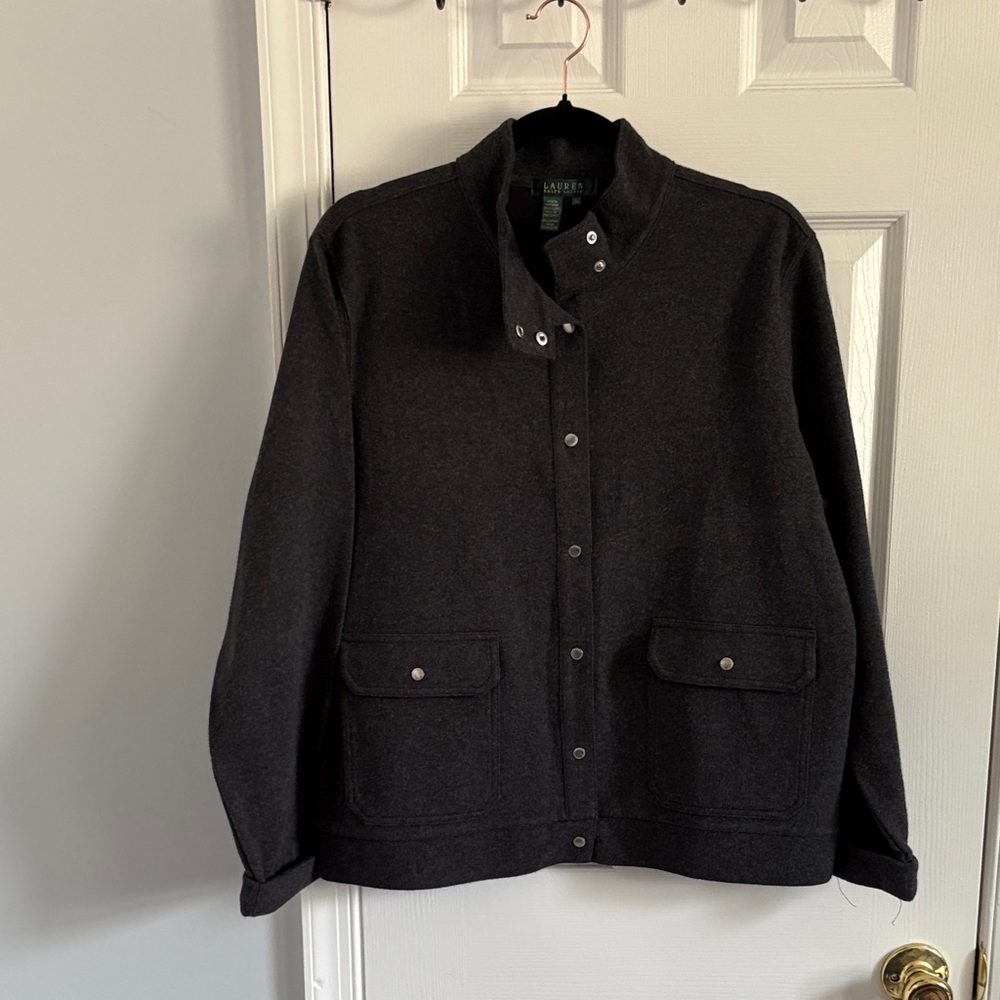Lauren Ralph Lauren Charcoal Knit Snap Front Cotton Blend Sweater Jacket Size XL